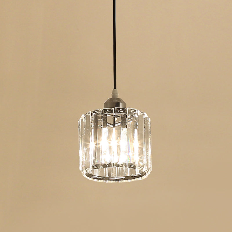Crystal Pendulum Ceiling Pendant Light - Sleek Chrome Cylinder Design for Bedside Use