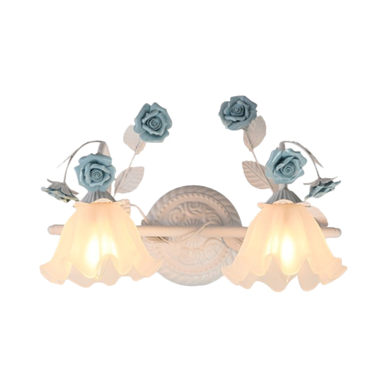 Ruffle Bathroom Wall Mount Light - American Flower Frosted Glass - 2/3-Head Vanity Sconce - Pink/Blue
