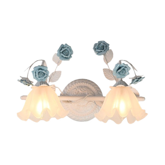 Ruffle Bathroom Wall Mount Light - American Flower Frosted Glass - 2/3-Head Vanity Sconce - Pink/Blue