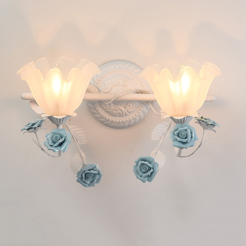 Ruffle Bathroom Wall Mount Light - American Flower Frosted Glass - 2/3-Head Vanity Sconce - Pink/Blue