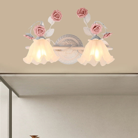 Ruffle Bathroom Wall Mount Light - American Flower Frosted Glass - 2/3-Head Vanity Sconce - Pink/Blue