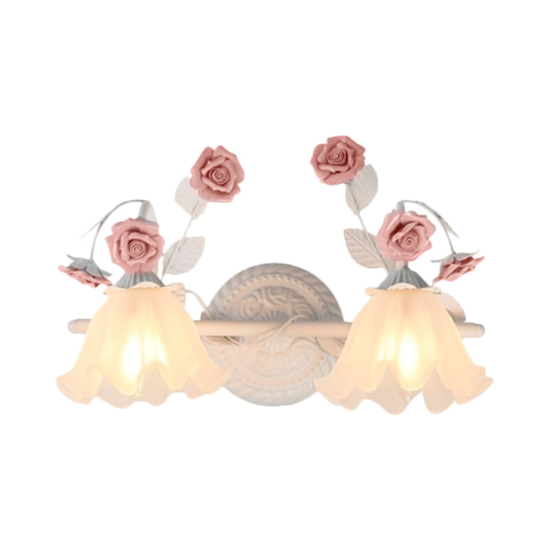 Ruffle Bathroom Wall Mount Light - American Flower Frosted Glass - 2/3-Head Vanity Sconce - Pink/Blue