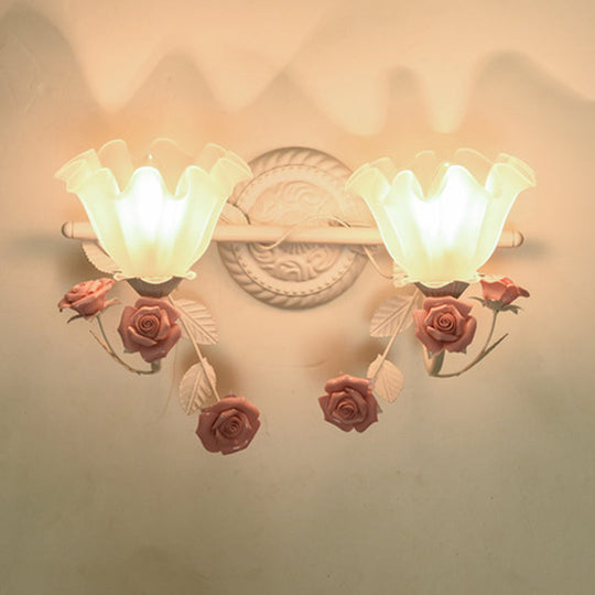Ruffle Bathroom Wall Mount Light - American Flower Frosted Glass - 2/3-Head Vanity Sconce - Pink/Blue