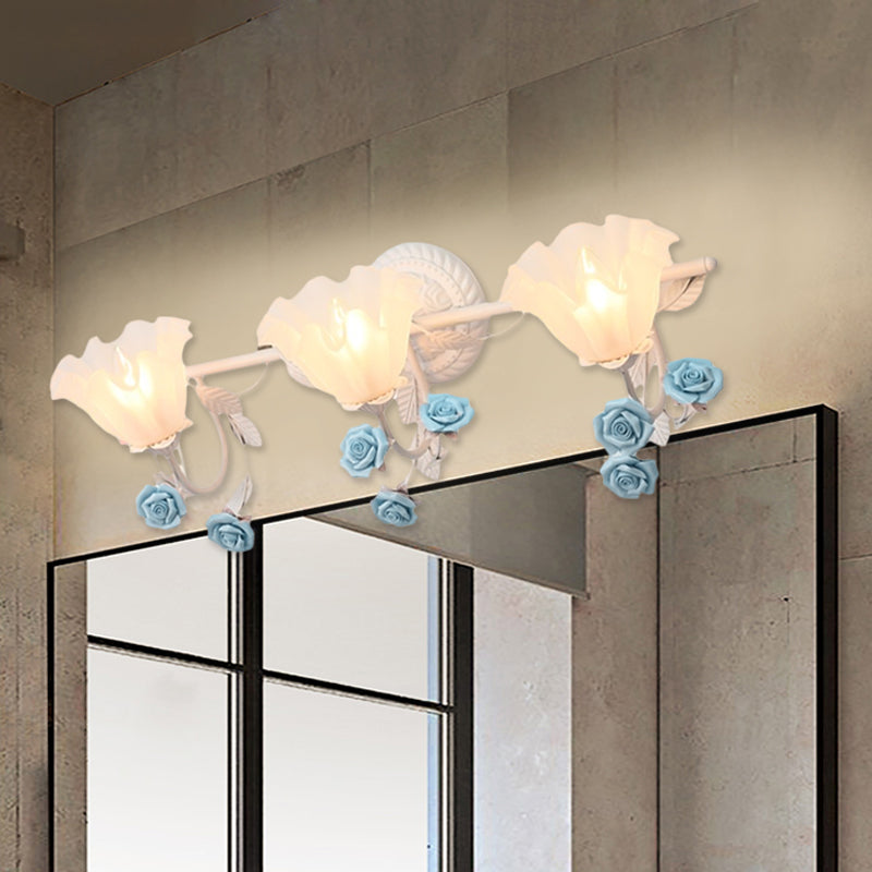 Ruffle Bathroom Wall Mount Light - American Flower Frosted Glass - 2/3-Head Vanity Sconce - Pink/Blue