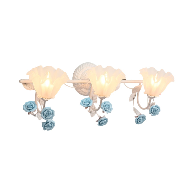 Ruffle Bathroom Wall Mount Light - American Flower Frosted Glass - 2/3-Head Vanity Sconce - Pink/Blue