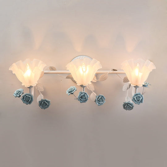 Ruffle Bathroom Wall Mount Light - American Flower Frosted Glass - 2/3-Head Vanity Sconce - Pink/Blue
