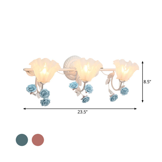 Ruffle Bathroom Wall Mount Light - American Flower Frosted Glass - 2/3-Head Vanity Sconce - Pink/Blue