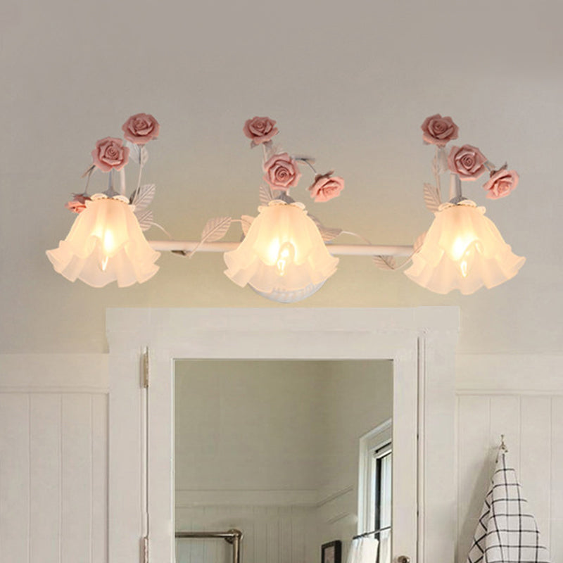 Ruffle Bathroom Wall Mount Light - American Flower Frosted Glass - 2/3-Head Vanity Sconce - Pink/Blue