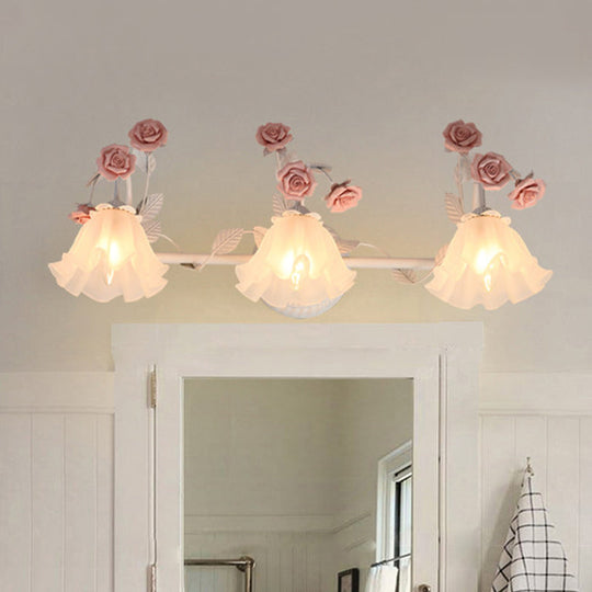 Ruffle Bathroom Wall Mount Light - American Flower Frosted Glass - 2/3-Head Vanity Sconce - Pink/Blue