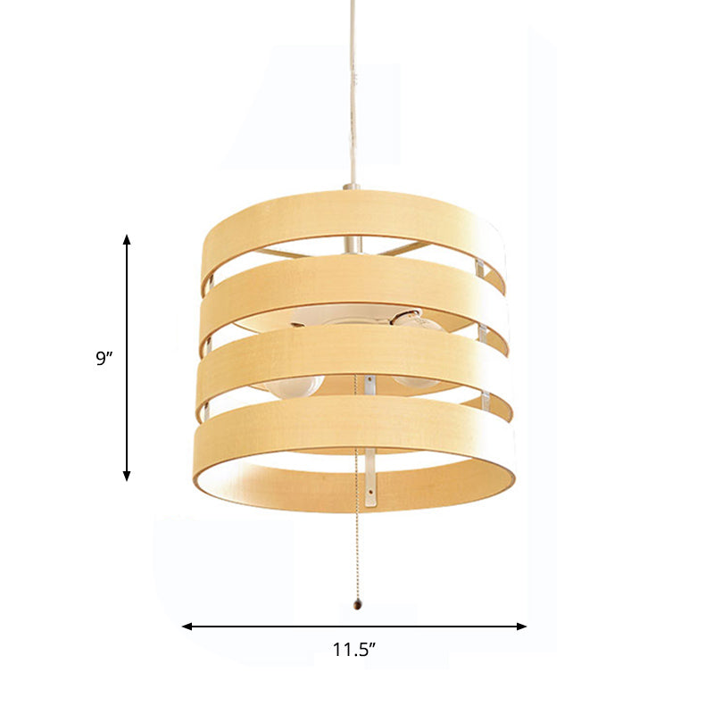 Modern Beige Pendant Chandelier with Pull Chain - Wood, Cylinder Frame, 2 Bulbs Included