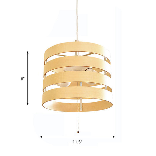 Modern Beige Pendant Chandelier with Pull Chain - Wood, Cylinder Frame, 2 Bulbs Included