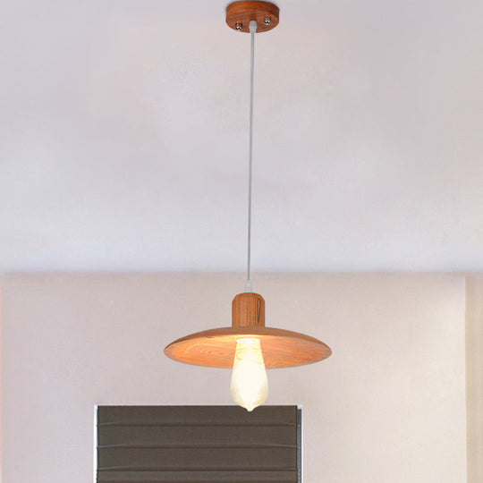 Minimalist Wood Disc Downlight Pendant Lamp - 1 Light, Beige/Orange Red, for Dining Room