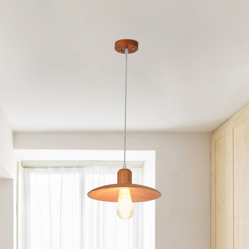Minimalist Wood Disc Downlight Pendant Lamp - 1 Light, Beige/Orange Red, for Dining Room