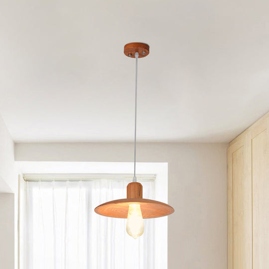 Minimalist Wood Disc Downlight Pendant Lamp - 1 Light, Beige/Orange Red, for Dining Room
