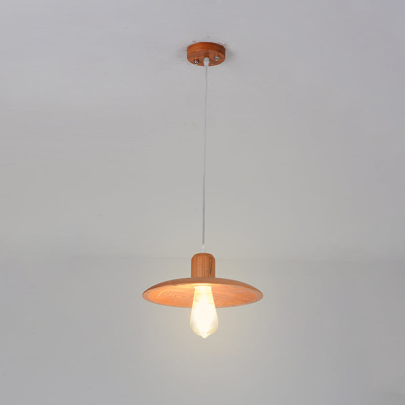 Minimalist Wood Disc Downlight Pendant Lamp - 1 Light, Beige/Orange Red, for Dining Room
