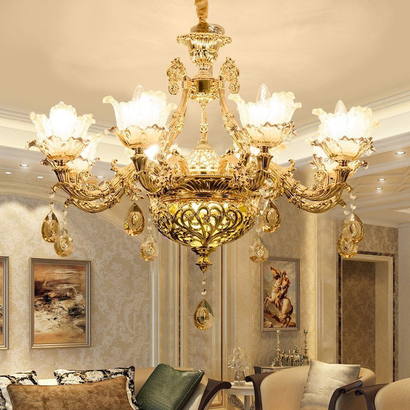 Gold Luxury Flower Chandelier with Amber Glass and Crystal Draping - 6/8 Bulbs Ceiling Light
