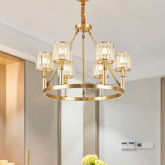Modern Brass Cylinder Chandelier with 6 Crystal Suspension Lights - perfect for Dining Rooms