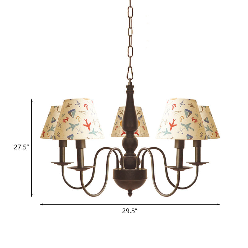 Sleek Kids Chandelier with Conic Printed Fabric Shade - Black Iron, 3/5 Lights