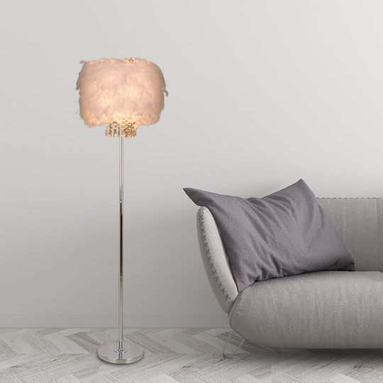 Modern Feather Drum Shade Floor Lamp - White Stand with Crystal Drop - Single Bulb Light