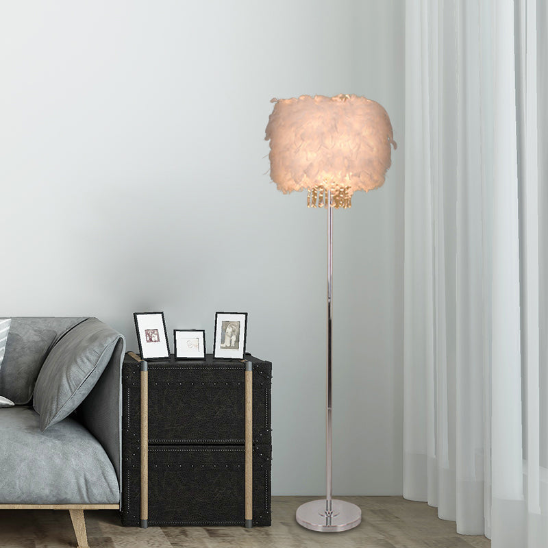 Modern Feather Drum Shade Floor Lamp - White Stand with Crystal Drop - Single Bulb Light