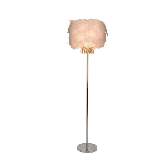 Modern Feather Drum Shade Floor Lamp - White Stand with Crystal Drop - Single Bulb Light