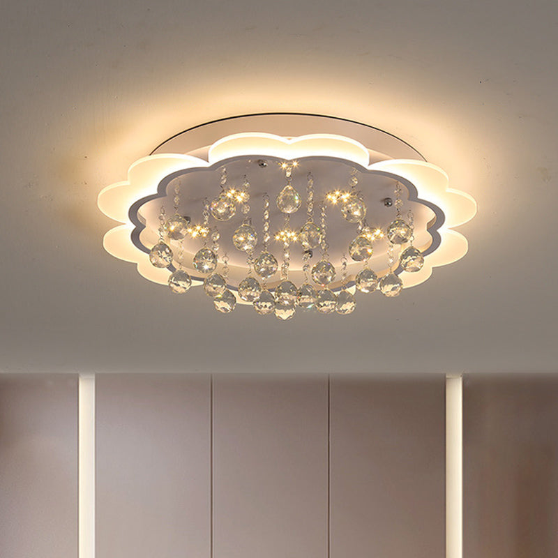 Bloom LED Ceiling Light with Crystal Ball, White Acrylic Flush Mount - 22"/25.5" Width