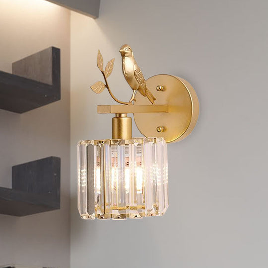 Minimalist Black/Gold Wall Sconce with K9 Crystal Cylinder and Bird Detail - 1 Bulb Wall Light