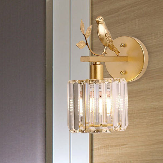 Minimalist Black/Gold Wall Sconce with K9 Crystal Cylinder and Bird Detail - 1 Bulb Wall Light