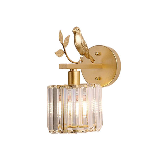 Minimalist Black/Gold Wall Sconce with K9 Crystal Cylinder and Bird Detail - 1 Bulb Wall Light
