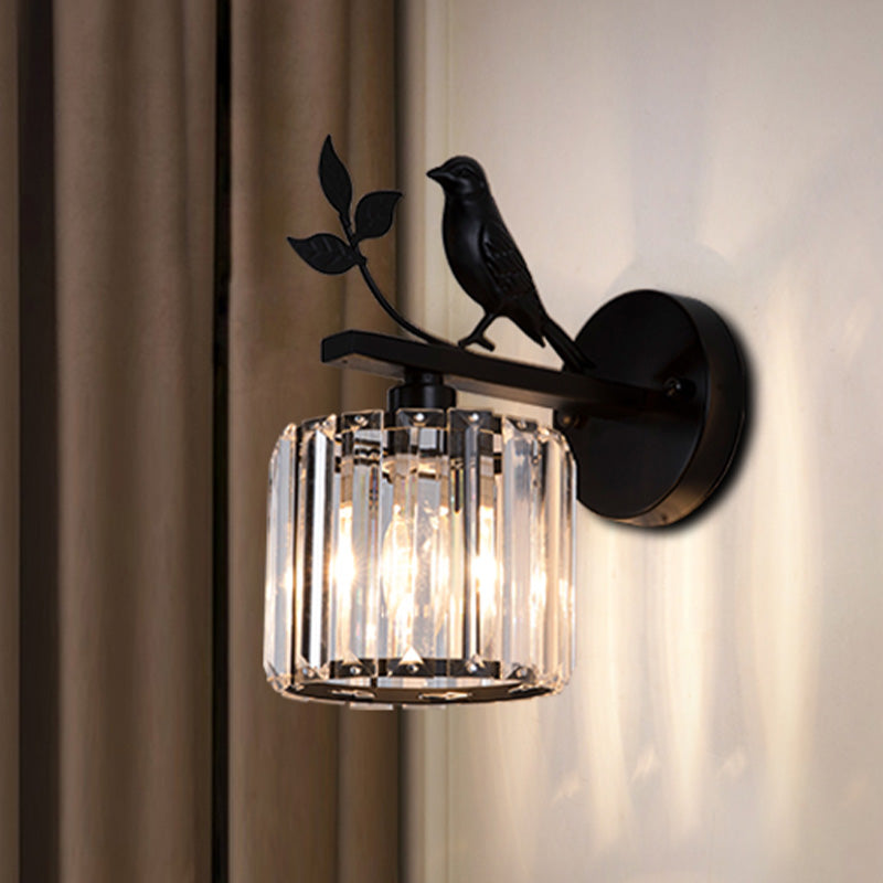 Minimalist Black/Gold Wall Sconce with K9 Crystal Cylinder and Bird Detail - 1 Bulb Wall Light