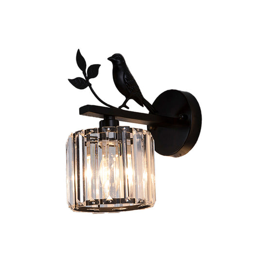 Minimalist Black/Gold Wall Sconce with K9 Crystal Cylinder and Bird Detail - 1 Bulb Wall Light