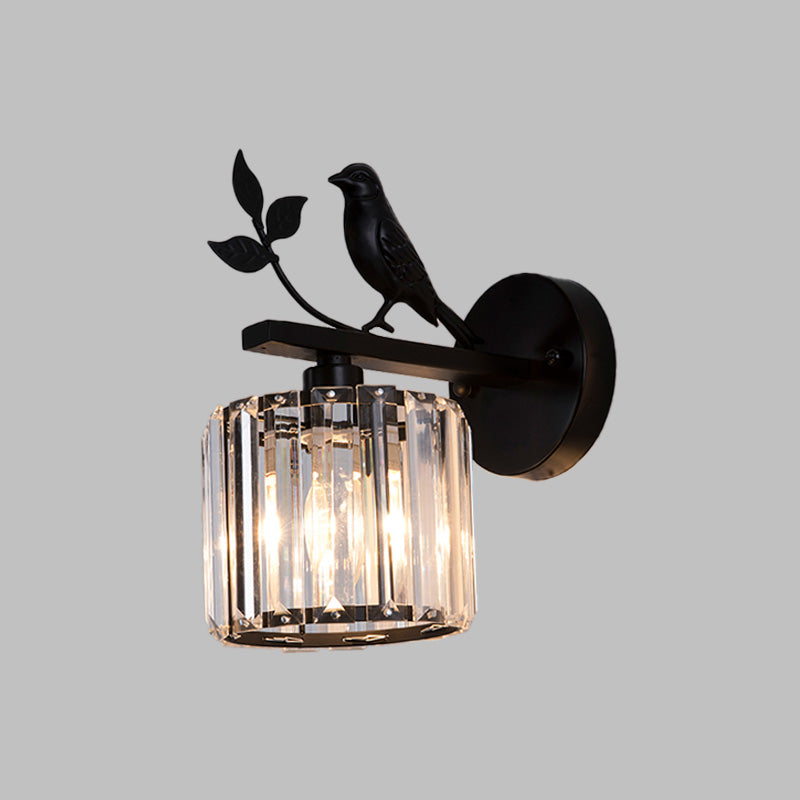 Minimalist Black/Gold Wall Sconce with K9 Crystal Cylinder and Bird Detail - 1 Bulb Wall Light
