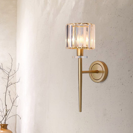 Gold Crystal Block Wall Sconce with Iron Pencil Arm - Cylindrical Design, 1 Light Fixture