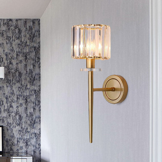 Gold Crystal Block Wall Sconce with Iron Pencil Arm - Cylindrical Design, 1 Light Fixture