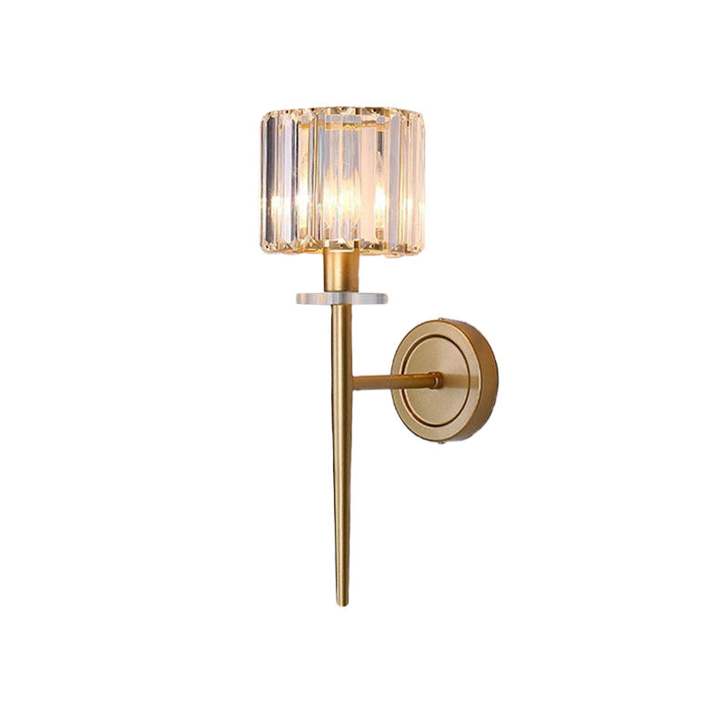Gold Crystal Block Wall Sconce with Iron Pencil Arm - Cylindrical Design, 1 Light Fixture