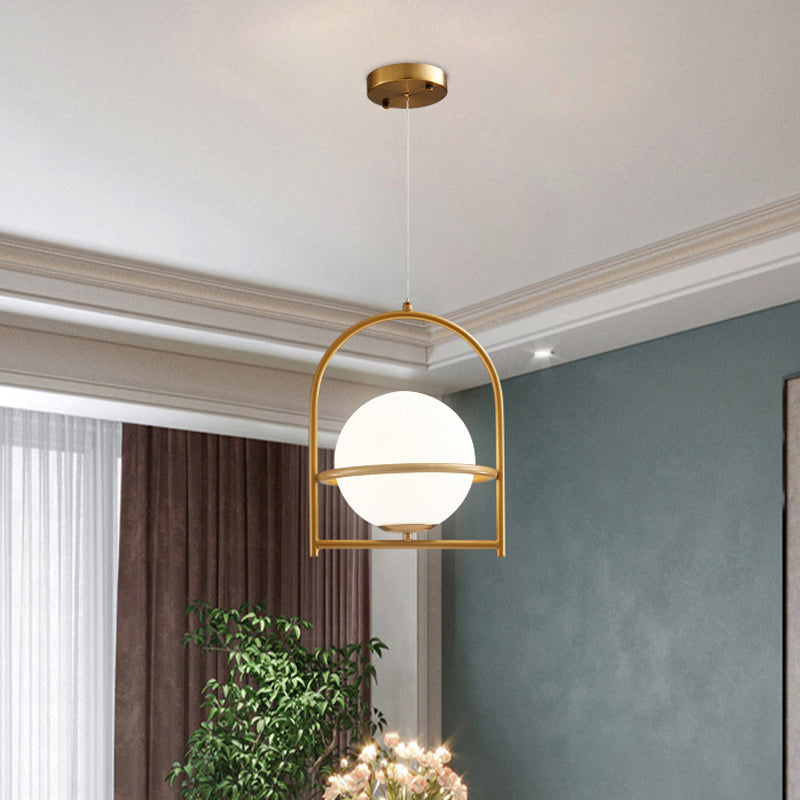 Modern Ball Suspension Light with Birdcage Design, Opal Glass, 1 Bulb, 9"/11" Wide, Bedside Ceiling Fixture - Black/Gold