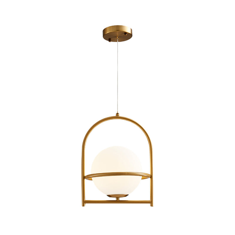 Modern Ball Suspension Light with Birdcage Design, Opal Glass, 1 Bulb, 9"/11" Wide, Bedside Ceiling Fixture - Black/Gold