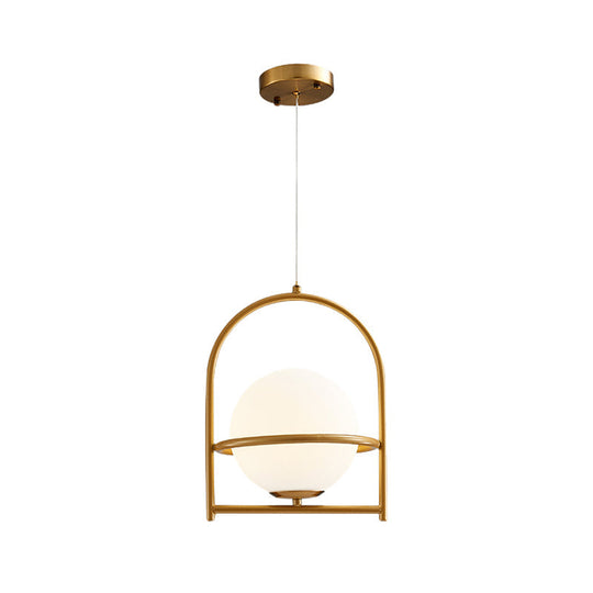 Modern Ball Suspension Light with Birdcage Design, Opal Glass, 1 Bulb, 9"/11" Wide, Bedside Ceiling Fixture - Black/Gold