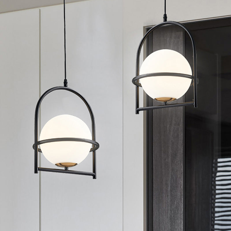 Modern Ball Suspension Light with Birdcage Design, Opal Glass, 1 Bulb, 9"/11" Wide, Bedside Ceiling Fixture - Black/Gold