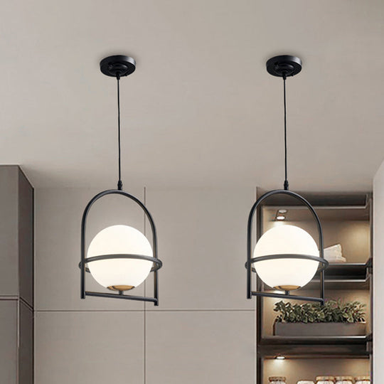 Modern Ball Suspension Light with Birdcage Design, Opal Glass, 1 Bulb, 9"/11" Wide, Bedside Ceiling Fixture - Black/Gold