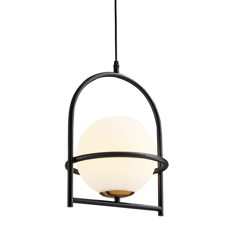 Modern Ball Suspension Light with Birdcage Design, Opal Glass, 1 Bulb, 9"/11" Wide, Bedside Ceiling Fixture - Black/Gold