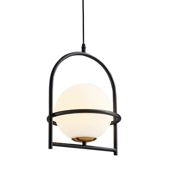 Modern Ball Suspension Light with Birdcage Design, Opal Glass, 1 Bulb, 9"/11" Wide, Bedside Ceiling Fixture - Black/Gold