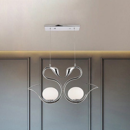 Modern Metal Swan Shape Pendant Light with Orb White Frosted Glass Shade - 2-Light Chrome Suspension Lamp