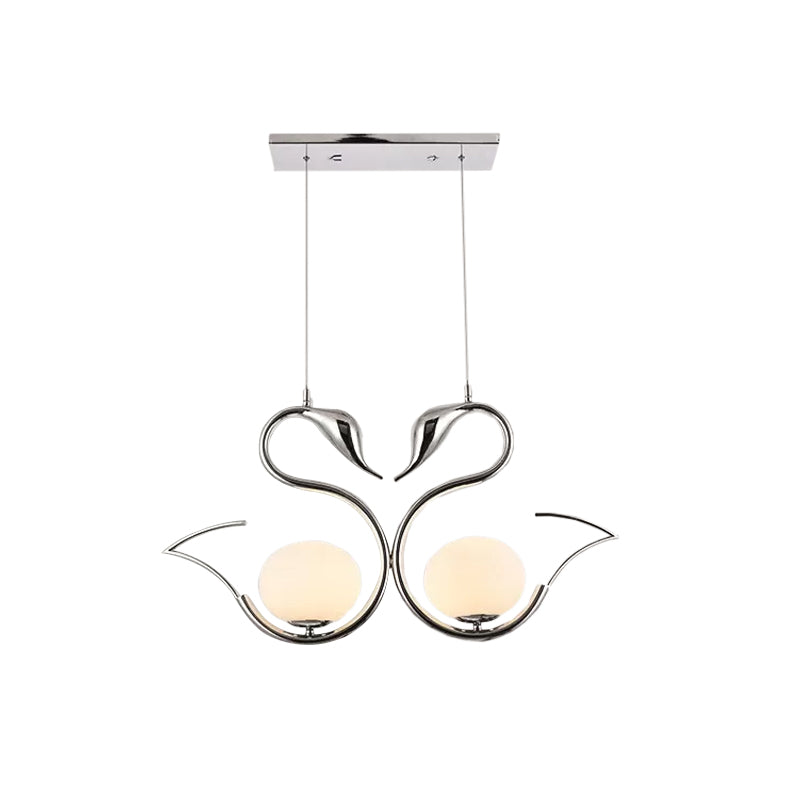 Modern Metal Swan Shape Pendant Light with Orb White Frosted Glass Shade - 2-Light Chrome Suspension Lamp