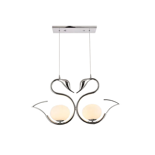 Modern Metal Swan Shape Pendant Light with Orb White Frosted Glass Shade - 2-Light Chrome Suspension Lamp