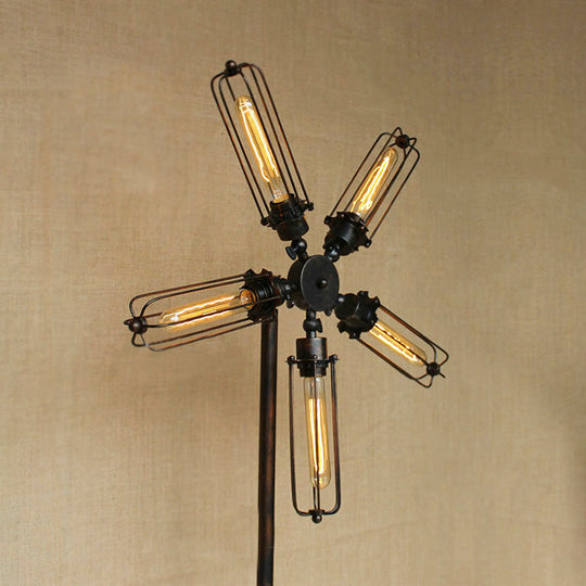 Farmhouse Style Linear Cage Floor Light - 5-Light Metal Standing Lamp in Black for Coffee Shops