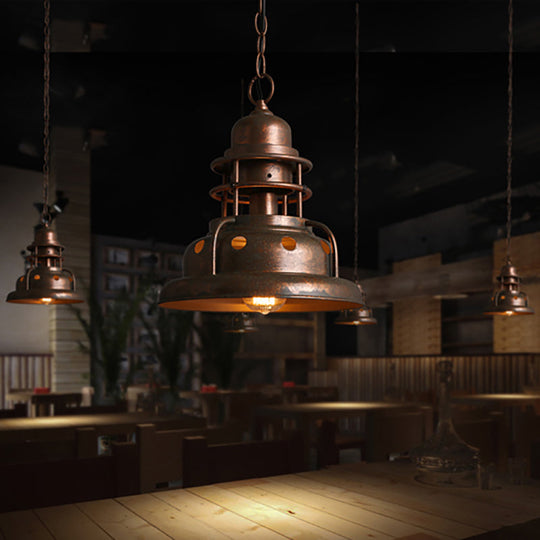 Rustic Barn Pendant Light with One Hanging Wrought Iron Fixture and Hole Design in Weathered Copper