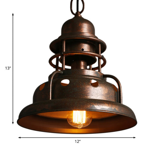 Rustic Barn Pendant Light with One Hanging Wrought Iron Fixture and Hole Design in Weathered Copper