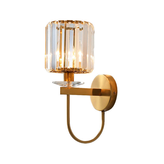 Modern Crystal Column Sconce Wall Light in Gold with Gooseneck Arm - 1 Bulb Fixture for Living Room