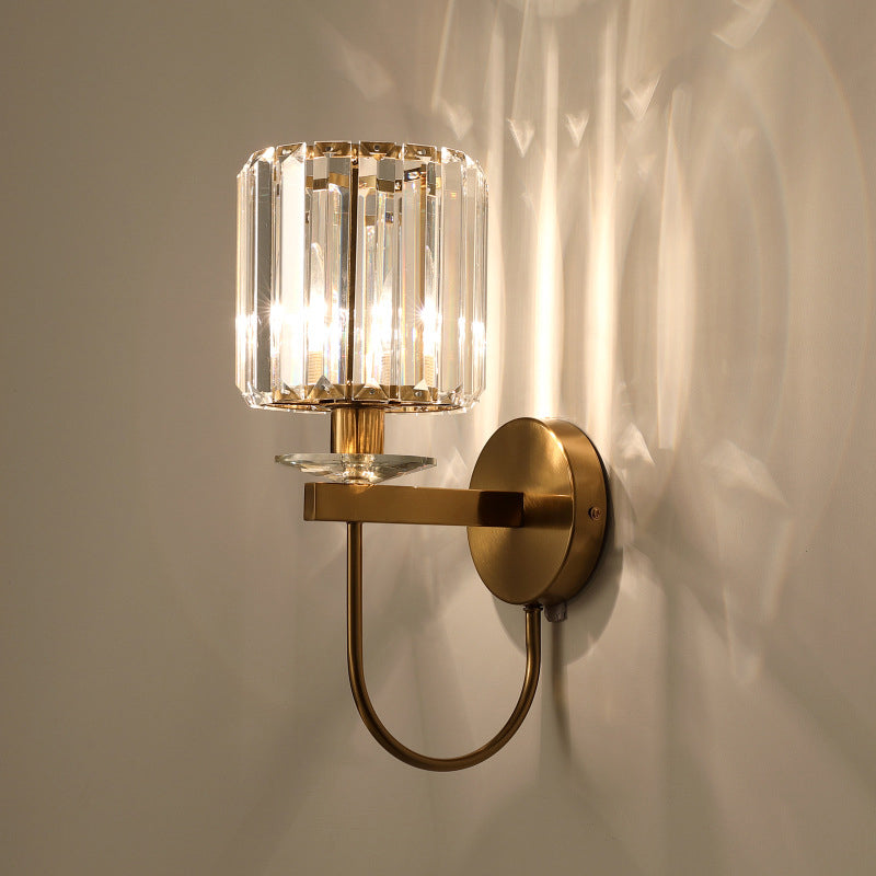 Modern Crystal Column Sconce Wall Light in Gold with Gooseneck Arm - 1 Bulb Fixture for Living Room